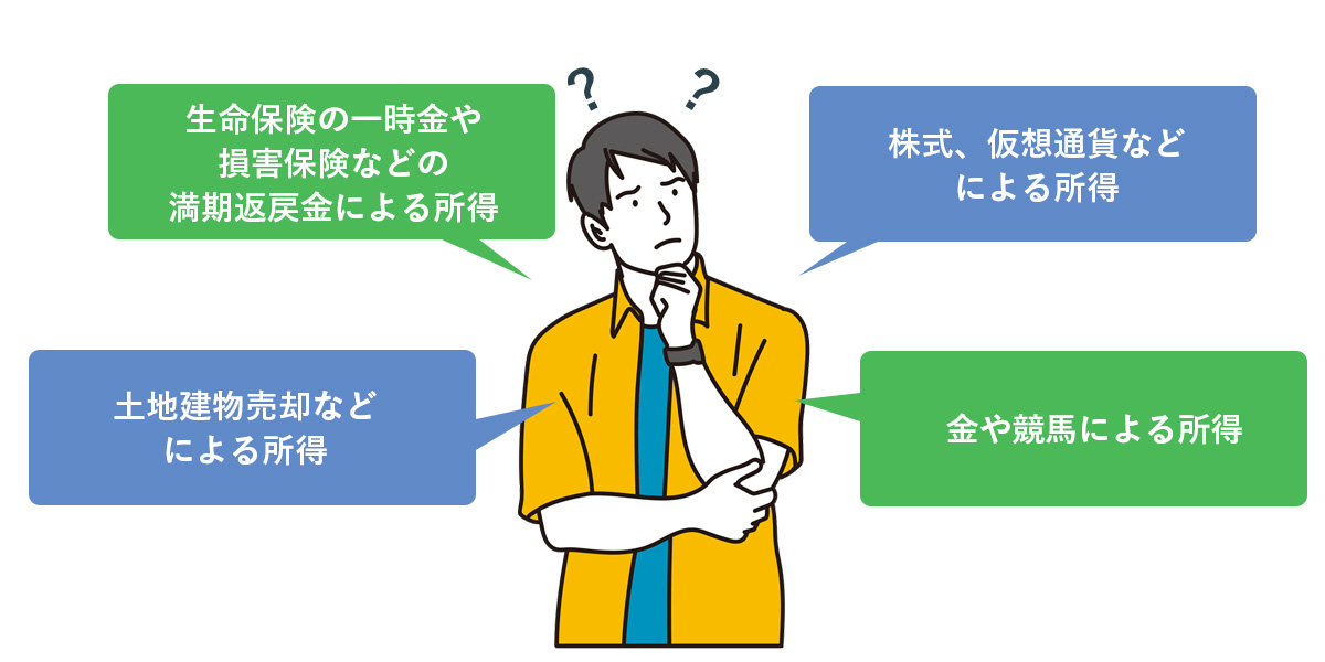 生命保険の一時金や損害保険などの満期返戻金による所得。土地建物売却などによる所得。株式、仮想通貨などによる所得。金や競馬による所得